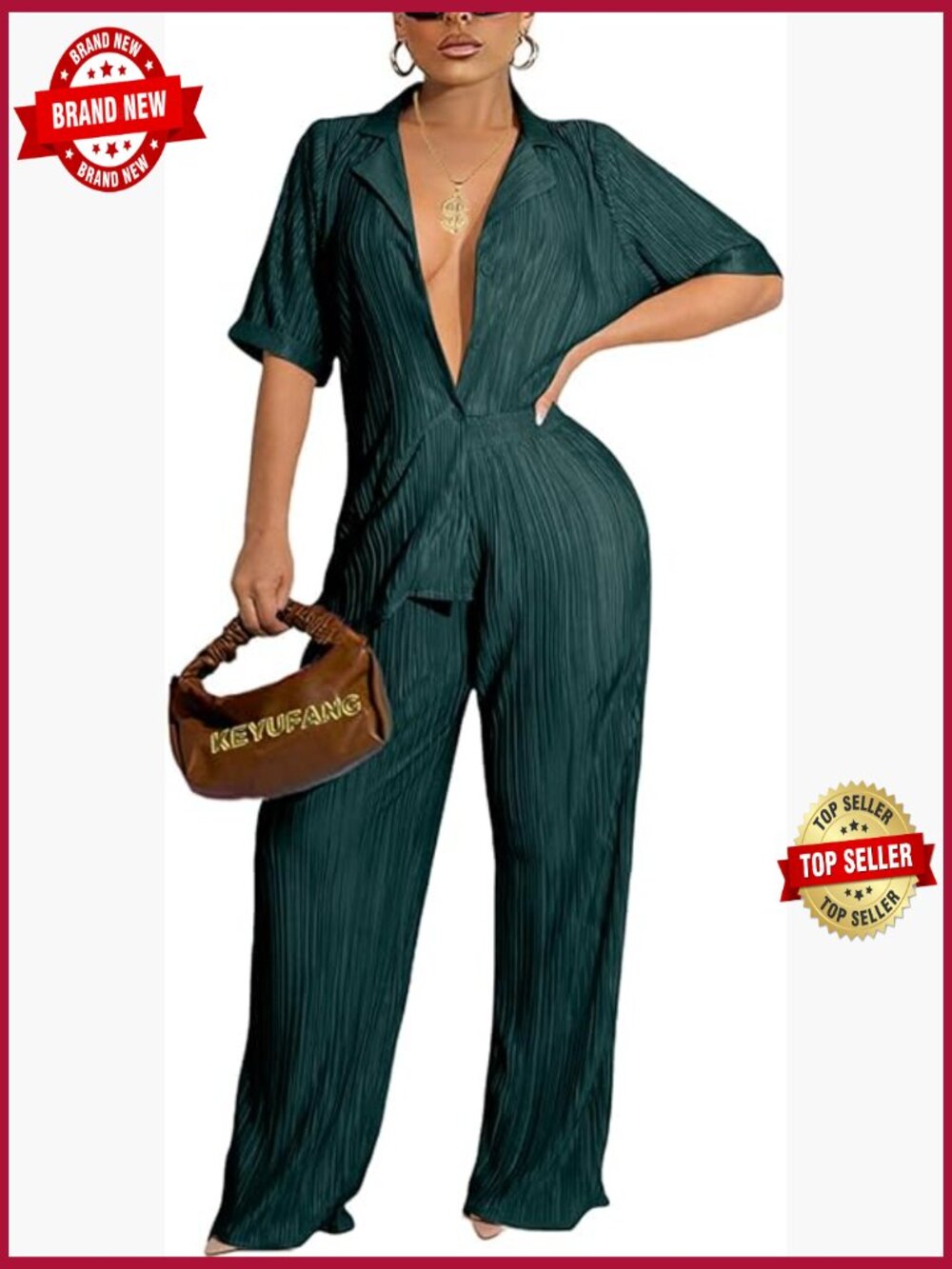 90s Boho 2 Piece Wide Leg Pants Set Button Down Shirt Tracksuit Trendy Daily - Picture 1 of 7
